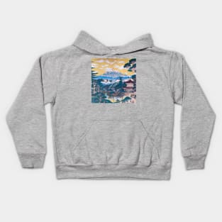 Japanese landscape with temple, impressionism style Kids Hoodie